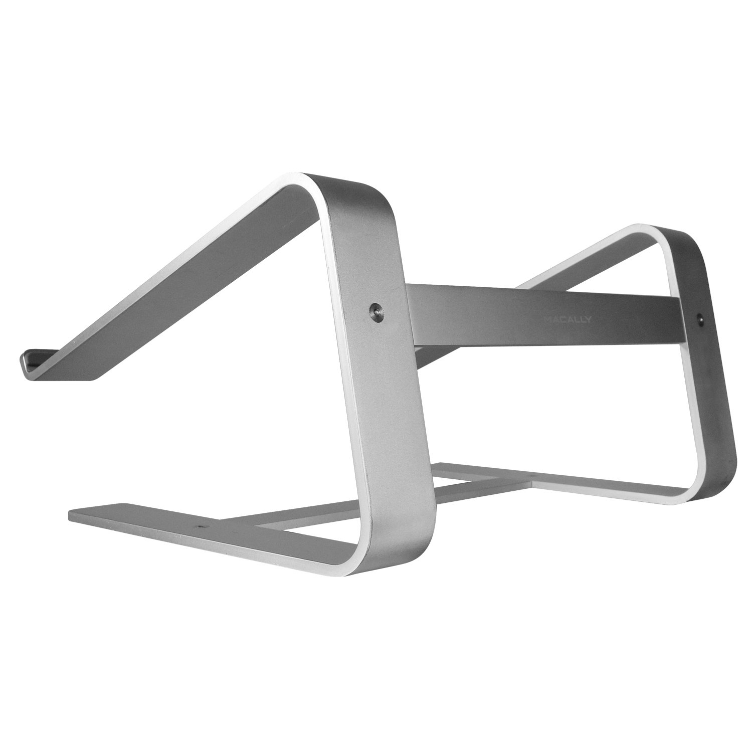 Supporto per laptop argentato. Design curvo, struttura semplice. Sfondo bianco.