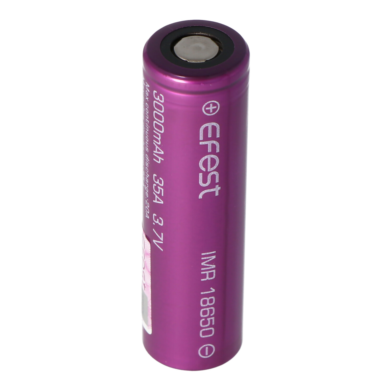 Rosa Batterie, zylindrisch mit Text. 'EFEST' und 'IMR 18650' sind die gedruckten Wörter.