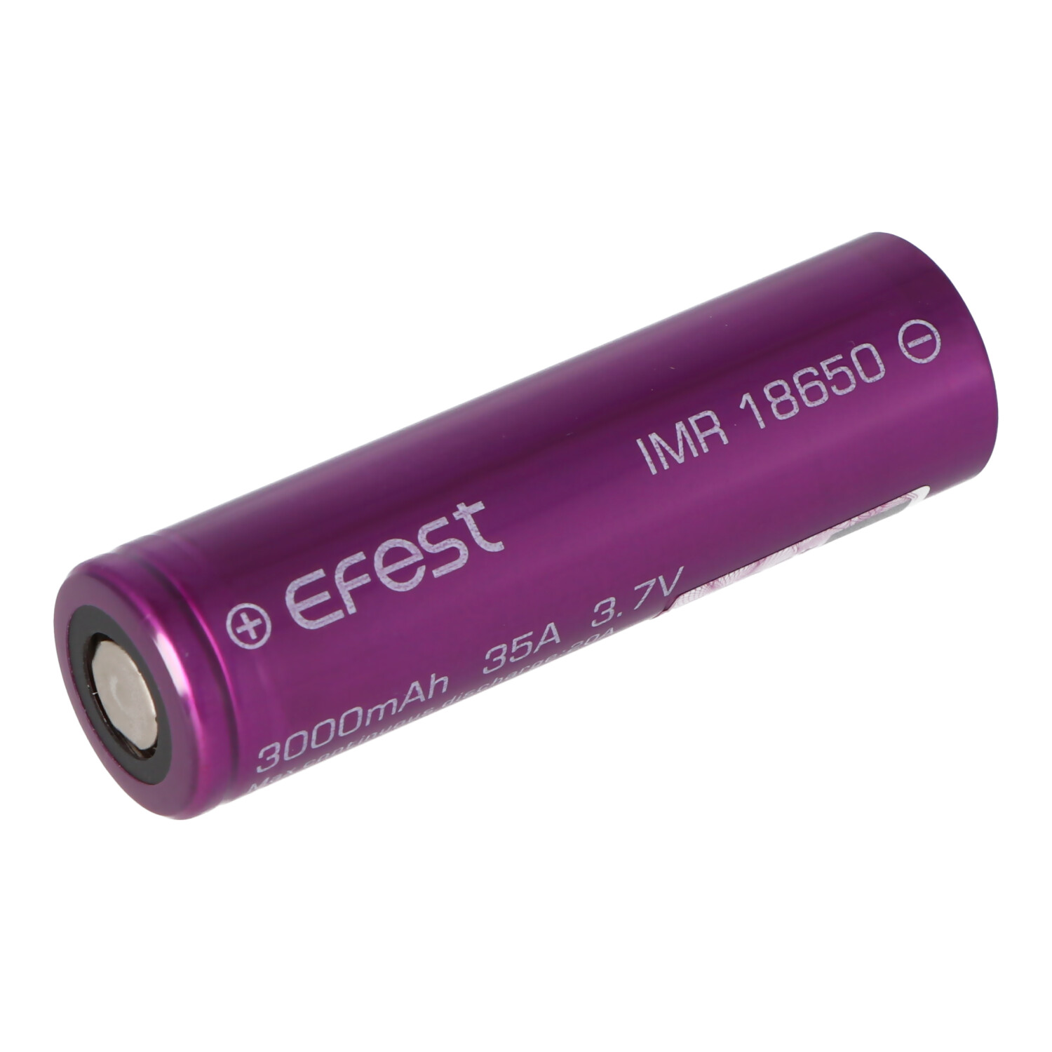 Violette Efest IMR 18650 Batterie, 3000mAh, 35A, mit weißem Hintergrund. Text: IMR 18650, Efest, 3,7V.