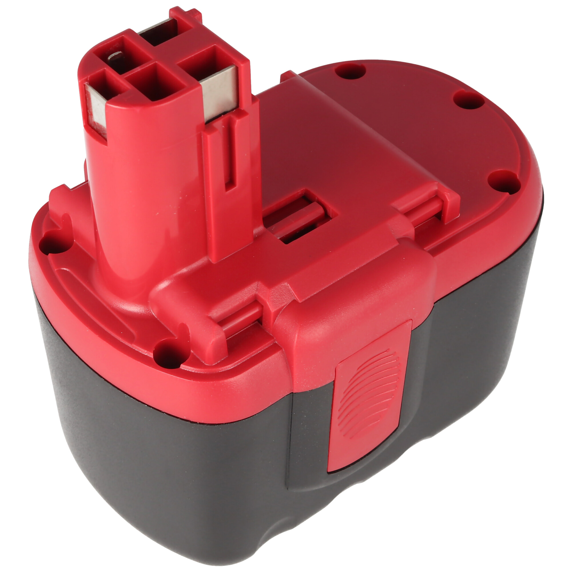 Ein roter und schwarzer Akku. Die Oberseite ist rot, die Unterseite schwarz, mit Metallkontakten.