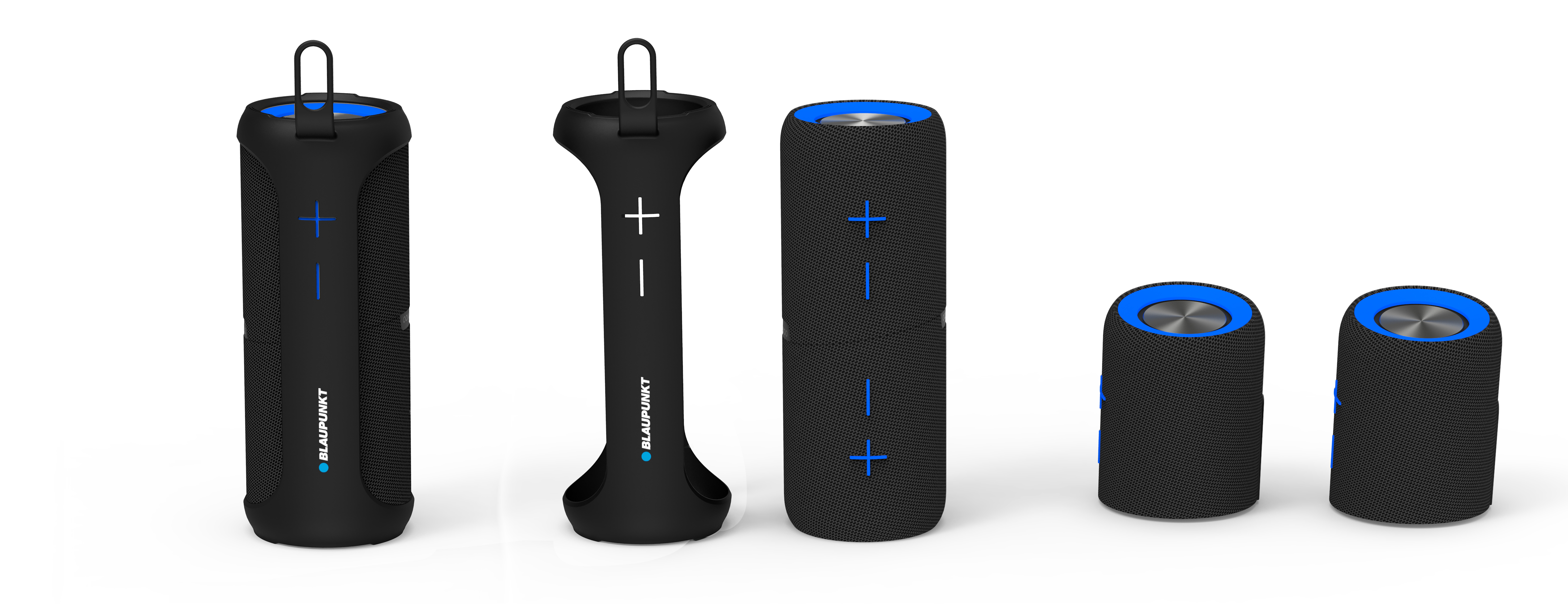 Es werden mehrere schwarze und blaue Lautsprecher angezeigt. Sie haben blaue Akzente und das Blaupunkt-Logo. Sie befinden sich auf einer weißen Oberfläche.