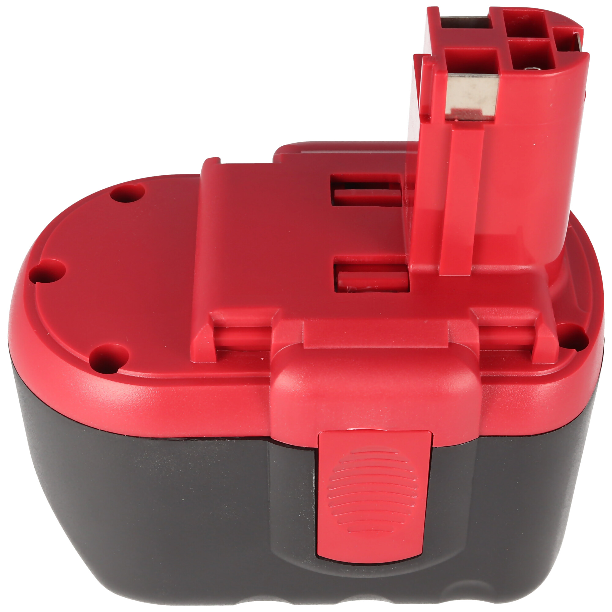 Roter und schwarzer Elektrowerkzeug-Akku. Rotes Gehäuse, schwarze Basis, roter Entriegelungsknopf.