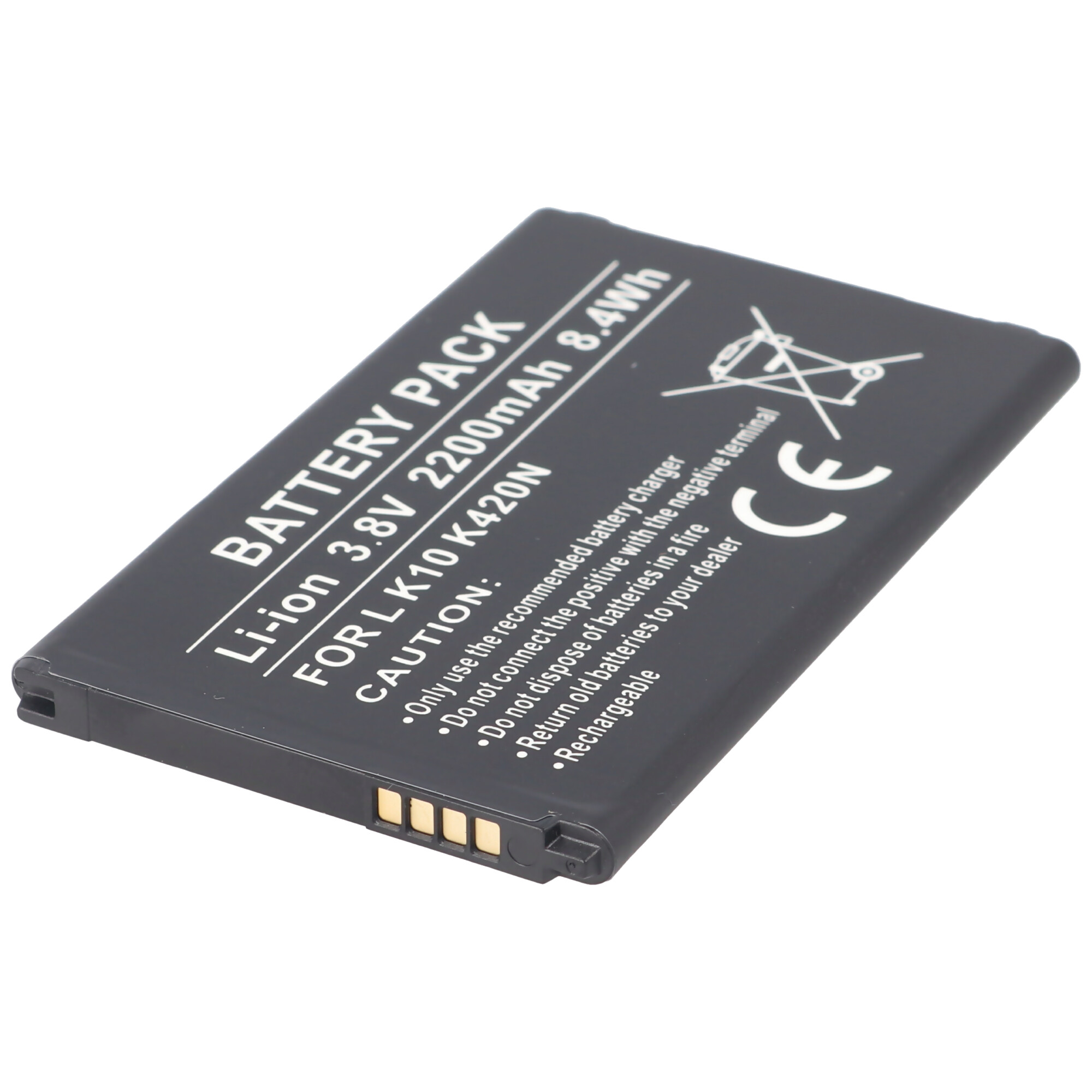 Schwarzes Akku-Pack mit Text: 'BATTERY PACK', 'Li-ion 3.8V' und Sicherheitshinweisen. Weißer Hintergrund.
