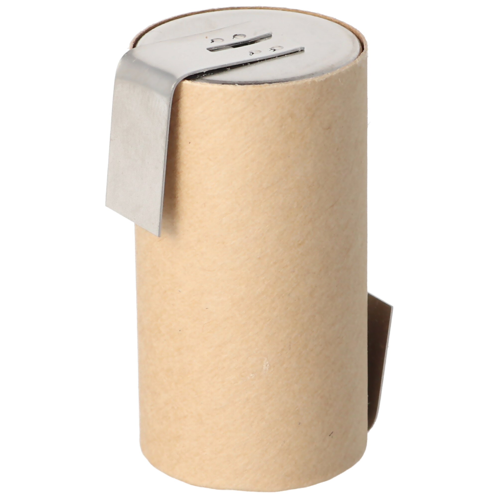 Ein brauner Batteriehalter mit Metallclips. Er ist zylindrisch und steht aufrecht.
