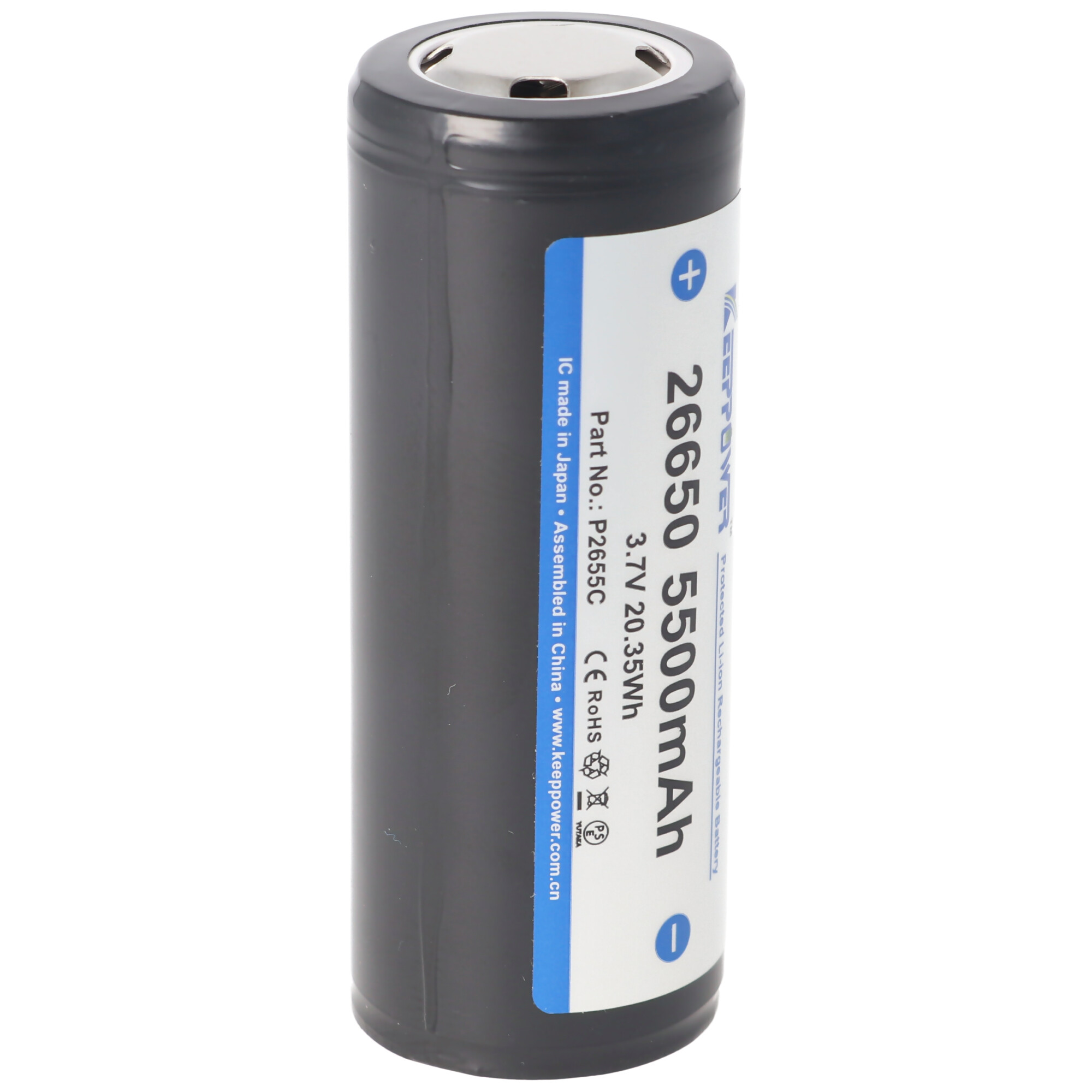 Dunkelgraue zylindrische Batterie mit Textetikett.
