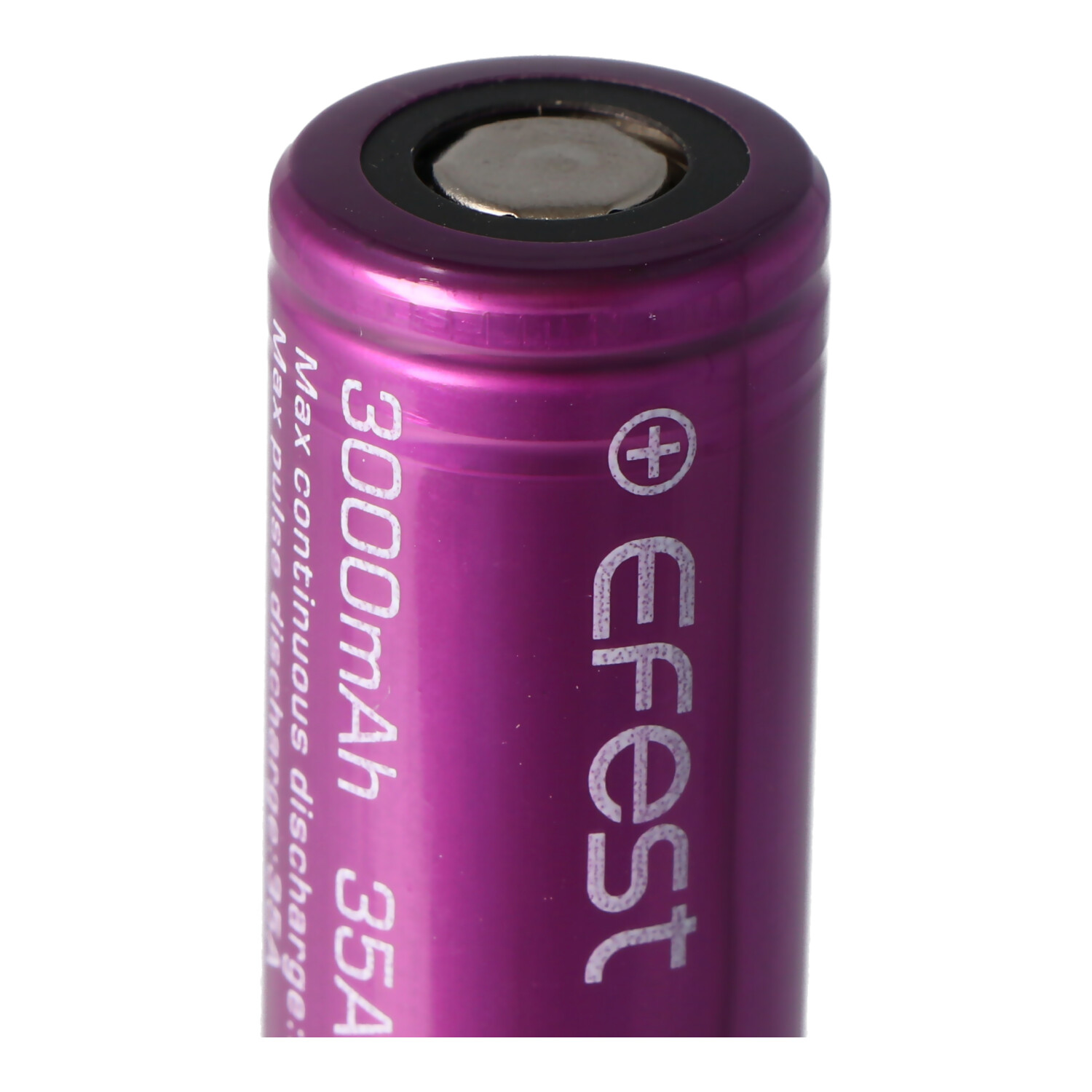 Lilafarbene Batterie mit Efest-Branding und Text, der 3000 mAh 35A angibt. Weißer Hintergrund.