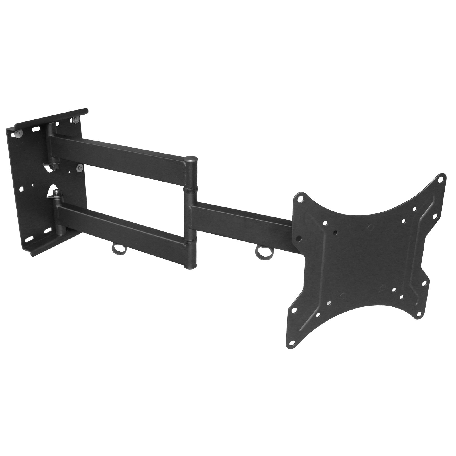 Eine schwarze TV-Halterung in geöffneter Position. Sie ist an der Wand befestigt.