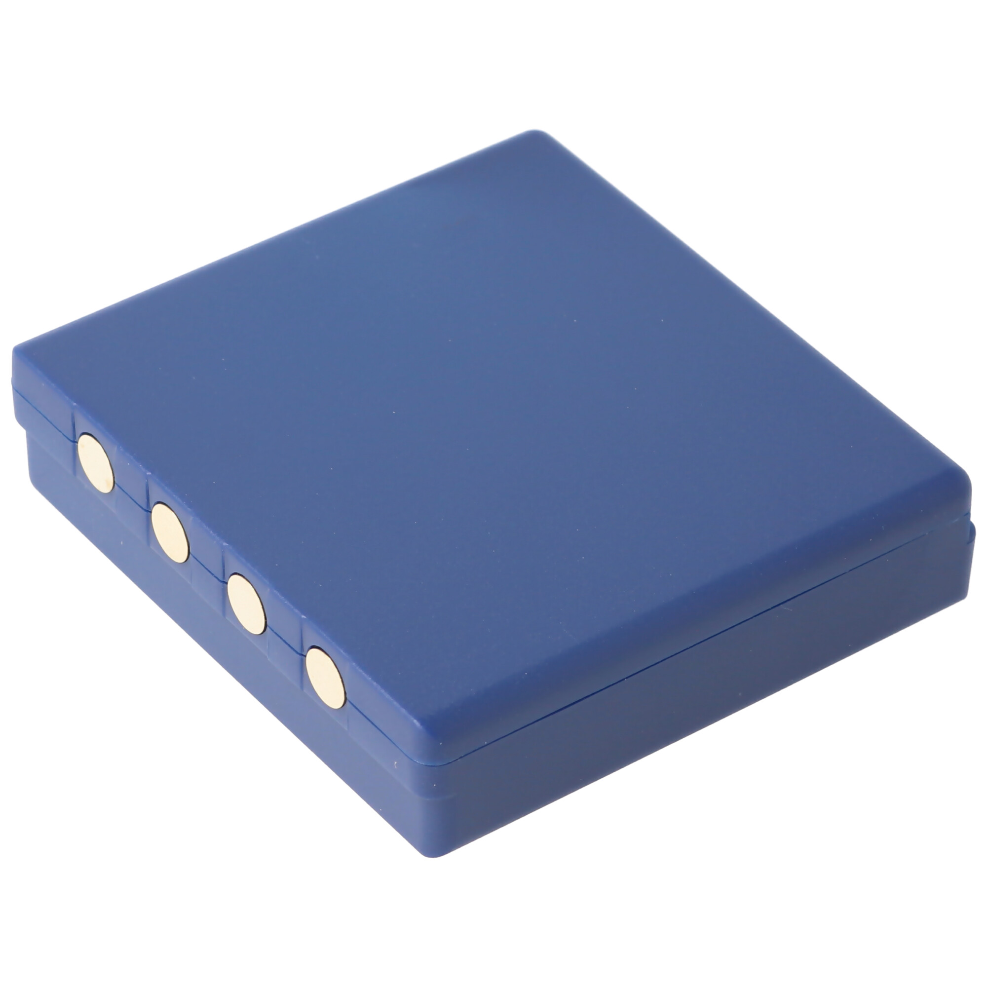 Blaue, quadratische Box mit drei goldenen Knöpfen. Die Box ist leer.