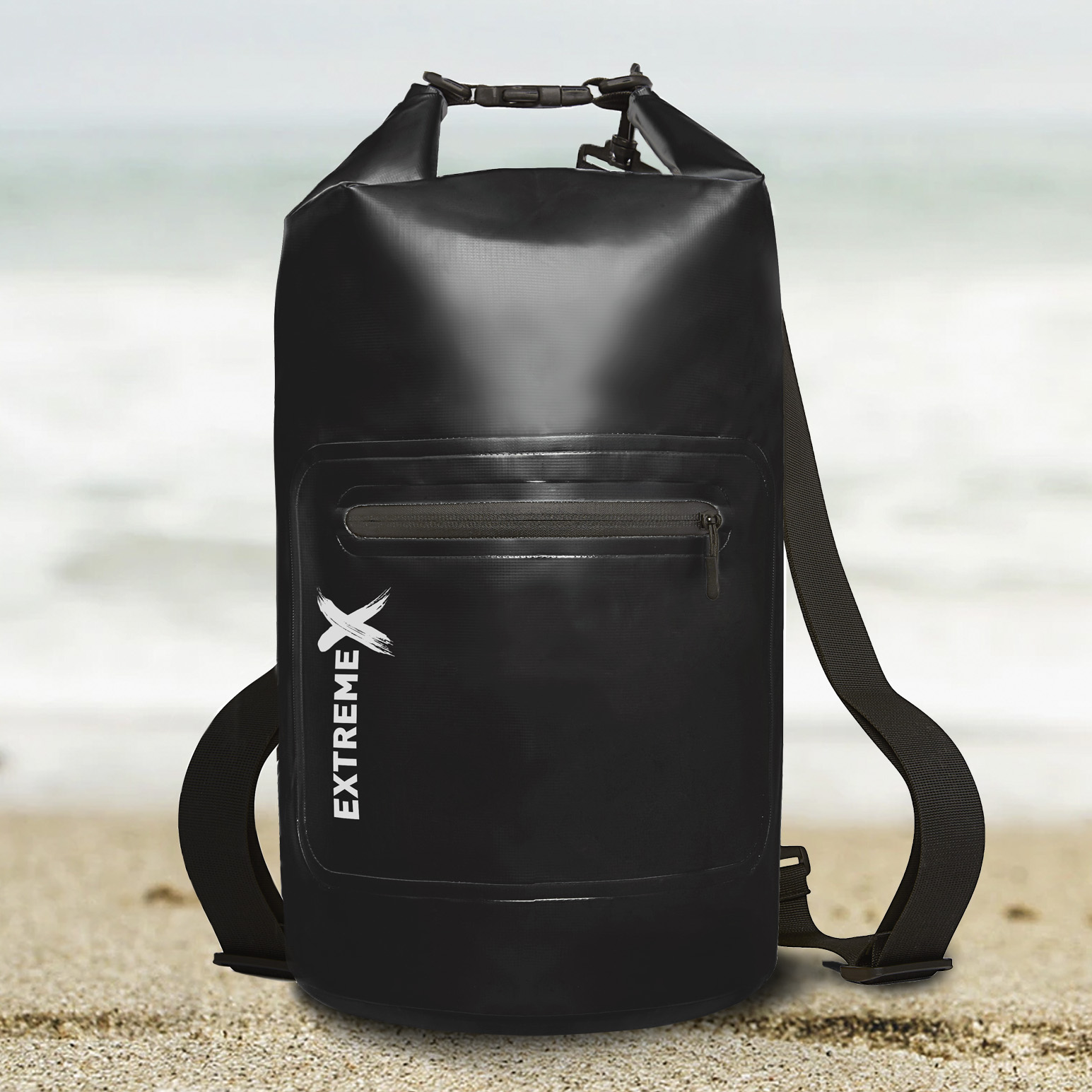 Schwarze wasserdichte Tasche mit Reißverschlusstasche und Schultergurt. Text "EXTREME X" sichtbar.