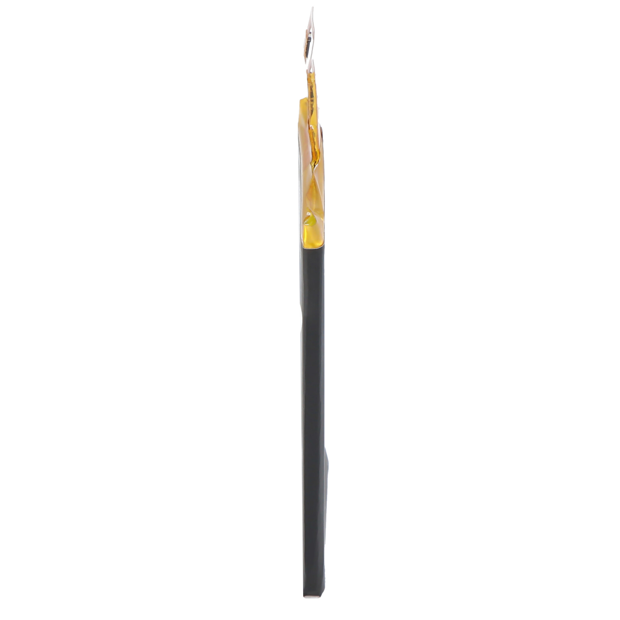 Ein schwarzer Stift mit goldenem, glänzendem Kopf auf weißem Hintergrund.