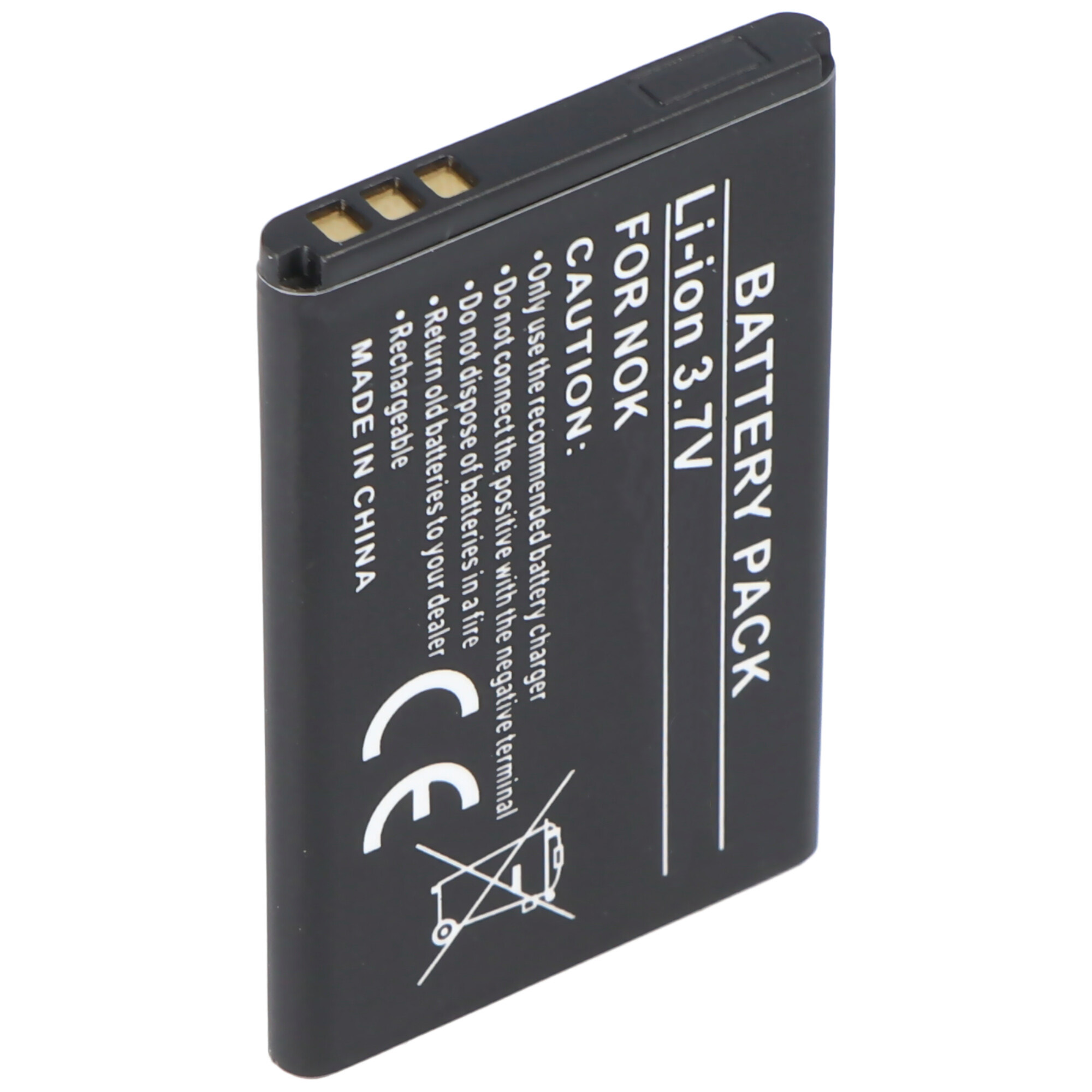Schwarzer Akku für NOKIA. Text enthält 'BATTERY PACK', 'Li-ion 3.7V' und Warnhinweise.