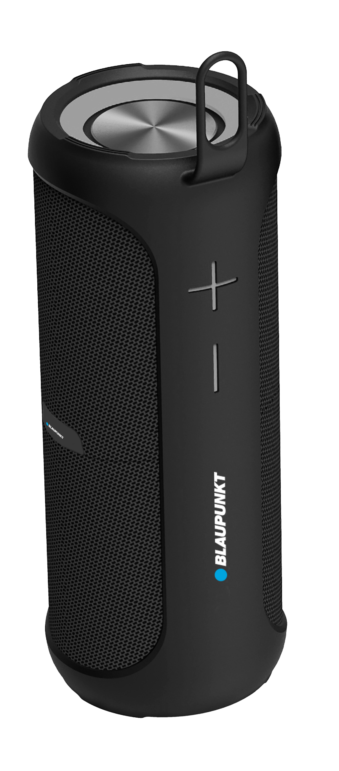 Schwarzer, zylindrischer Blaupunkt-Lautsprecher. Hat Plus- und Minus-Taste.