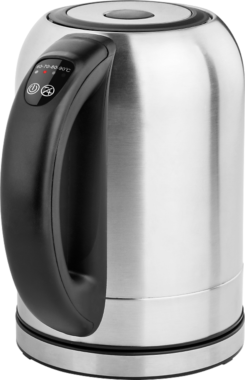 Srebrny czajnik elektryczny z czarnym uchwytem. Ma wyświetlacz temperatury na uchwycie.