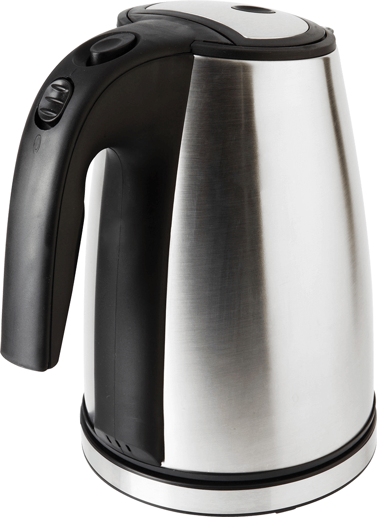 Srebrny czajnik elektryczny z czarnym uchwytem i przyciskami. Czarna podstawa i pokrywa.