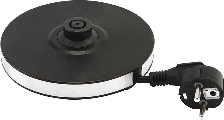 Czarna i srebrna podstawa czajnika z kablem zasilającym i wtyczką europejską.