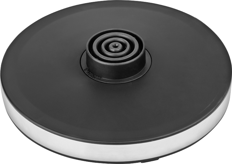 Czarna podstawa do urządzenia elektrycznego. Ma srebrny pierścień i centralny wzór.