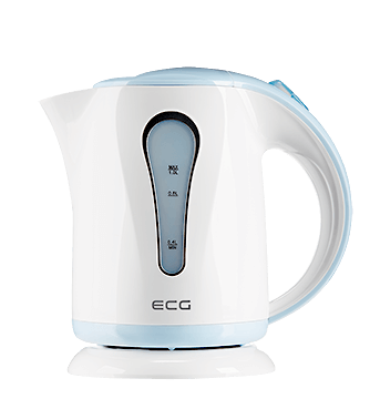 Bollitore elettrico bianco e blu. Ha un indicatore del livello dell'acqua. Isolato su bianco.