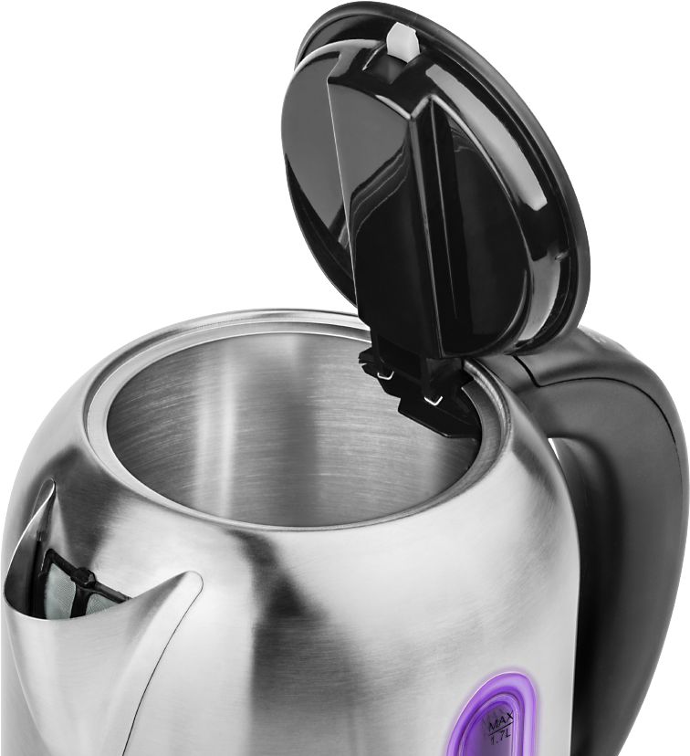 Czajnik ze stali nierdzewnej z otwartą pokrywą. Czarny uchwyt i pokrywa. Fioletowe światło u podstawy, metalowe wnętrze.