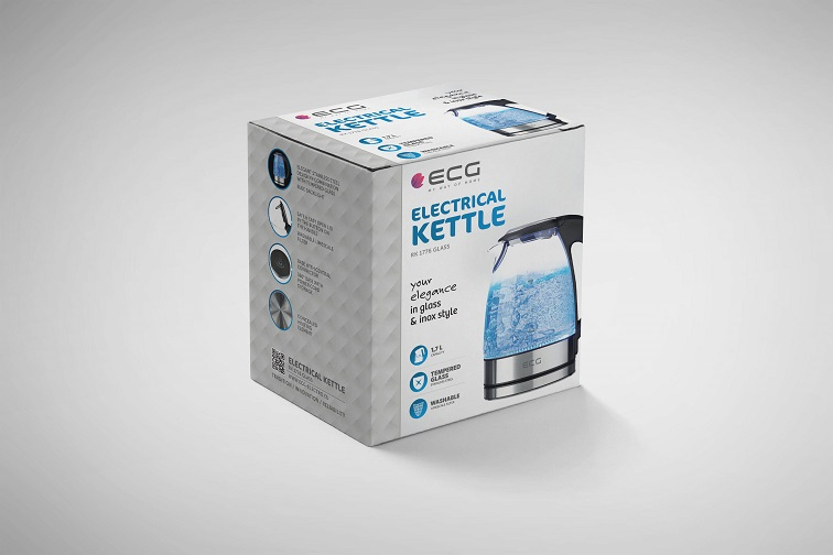 Białe pudełko ze zdjęciem czajnika elektrycznego. Pudełko ma tekst i obrazy po bokach.