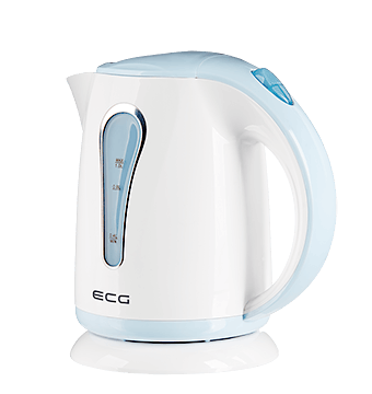 Bollitore elettrico bianco e blu. Ha manico e indicatore livello acqua.