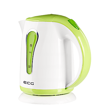 Biały i zielony czajnik elektryczny na białej powierzchni, czarne tło.