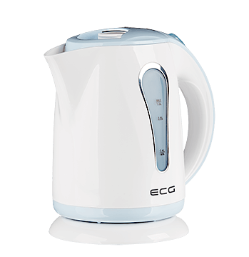 Bollitore elettrico bianco e blu. Ha un indicatore del livello dell'acqua e il marchio ECG.