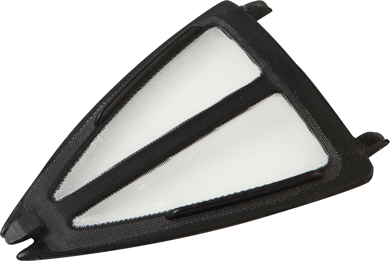 Czarny element filtra do ekspresu do kawy z drobną siatką i czarną ramą. Kształt trójkątny.