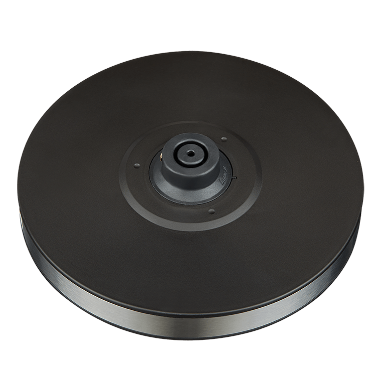 Czarna podstawa gramofonu ze srebrną obwódką i centralnym trzpieniem.