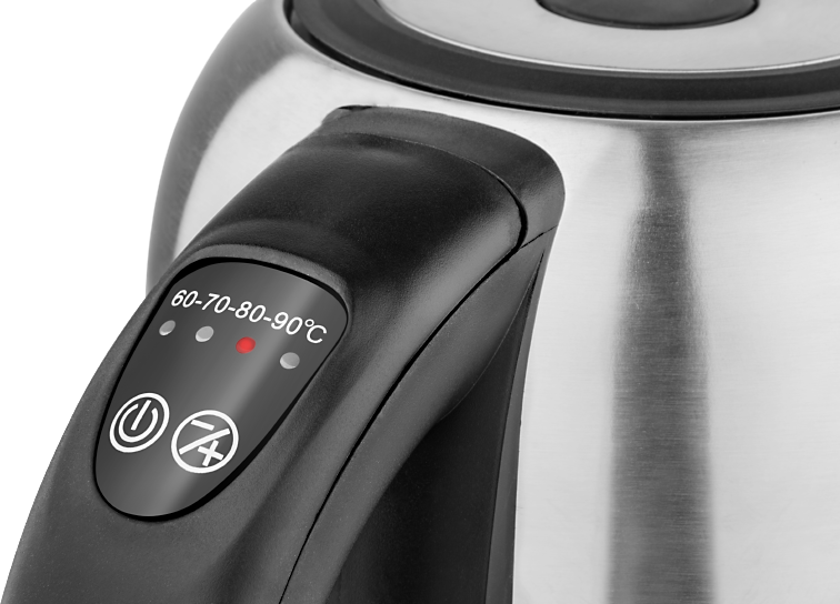 Elektryczny czajnik ze stali nierdzewnej z czarnym uchwytem i panelem sterowania. Czerwona lampka kontrolna.