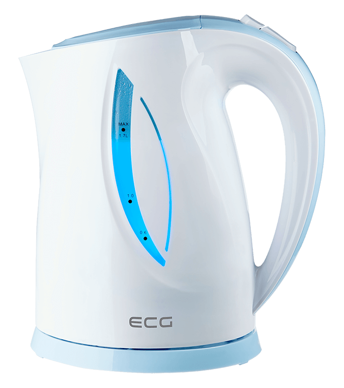 Weiß-blauer Wasserkocher mit Wasserstandsanzeige. Die Marke ECG ist unten sichtbar.