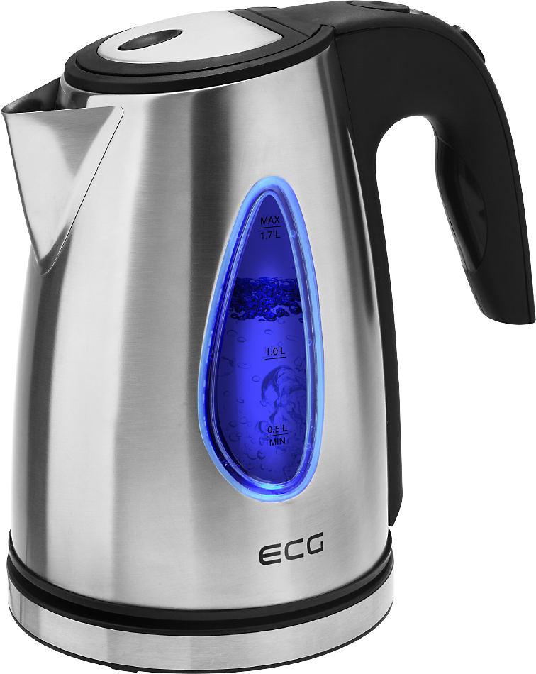 Srebrny czajnik elektryczny. Niebieski wskaźnik poziomu wody. Czarny uchwyt i podstawa. Białe tło.