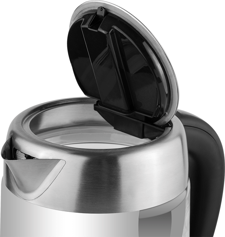 Czajnik z przezroczystym szklanym korpusem i czarnym uchwytem, pokrywa jest otwarta.