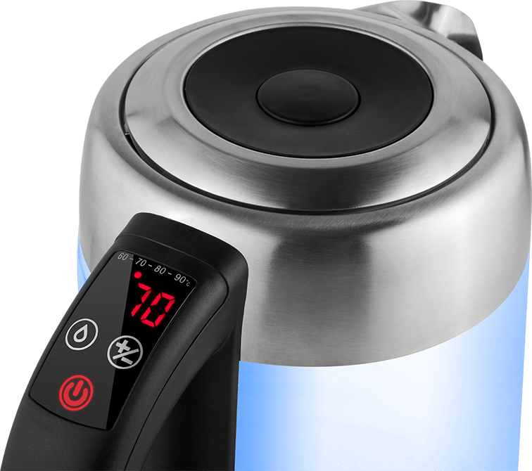 Czajnik elektryczny, zbliżenie. Wyświetlacz cyfrowy pokazuje 70 stopni. Czarny uchwyt z przyciskami.