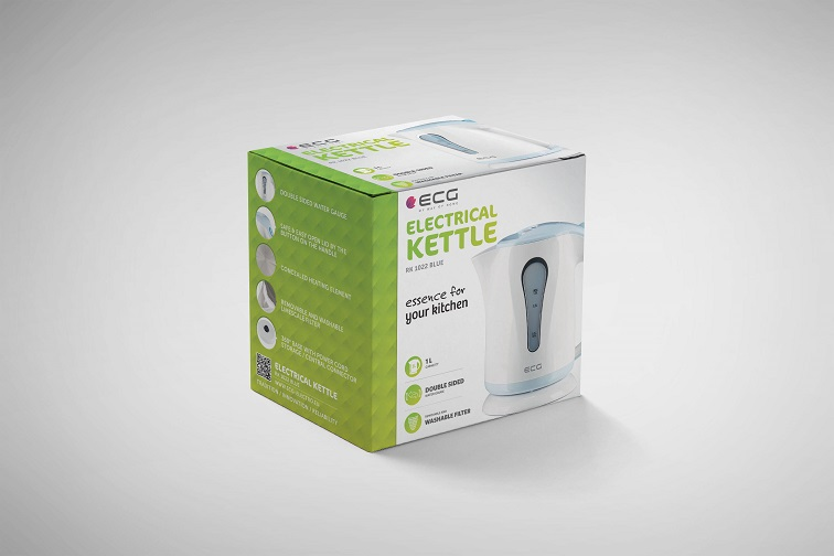 Scatola per bollitore elettrico bianca e verde. La scatola ha testo e un'immagine del bollitore.