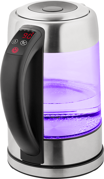 Srebrno-czarny czajnik elektryczny. Pokazuje poziom wody z fioletową poświatą i uchwytem.