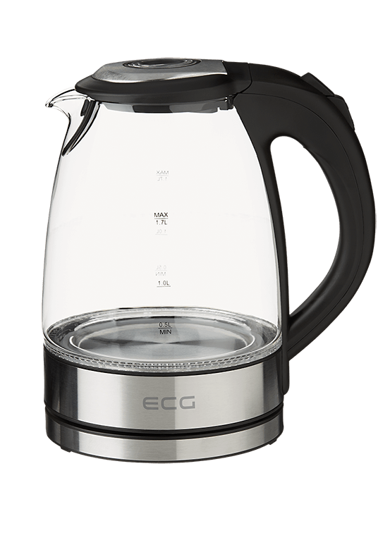 Szklany czajnik elektryczny z czarnym uchwytem i pokrywą, z miarką i logo ECG.