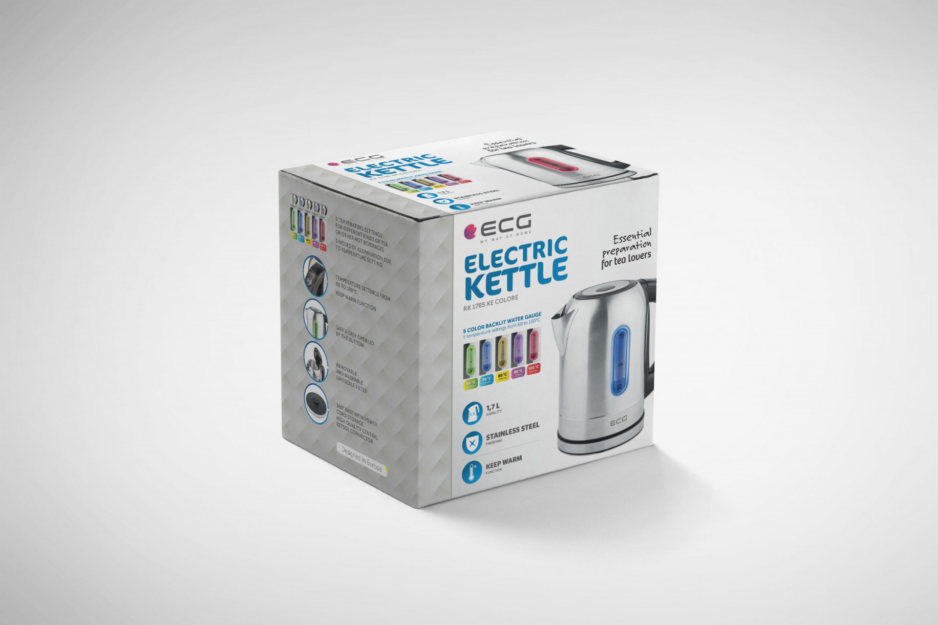 Pudełko czajnika elektrycznego. Srebrny czajnik z boku. Tekst i obrazy na pudełku.