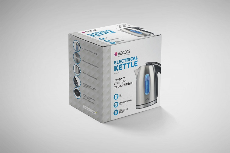 Eine Box zeigt einen elektrischen Wasserkocher. Text weist auf kompakte Größe, Edelstahl und 1,2 l hin.