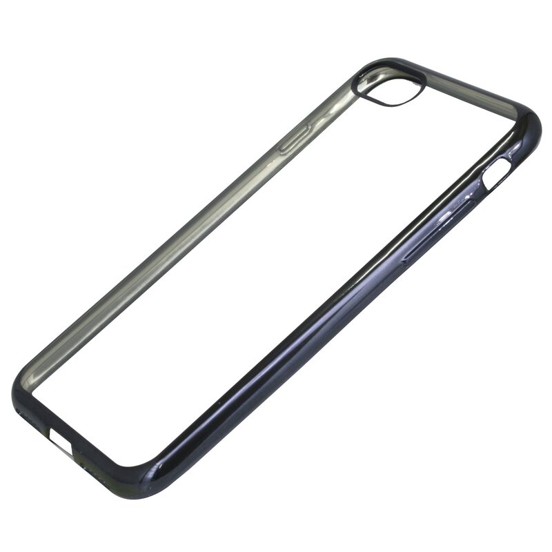 Schwarze, transparente iPhone-Hülle. Die Hülle ist durchscheinend und hat einen schwarzen Rahmen.