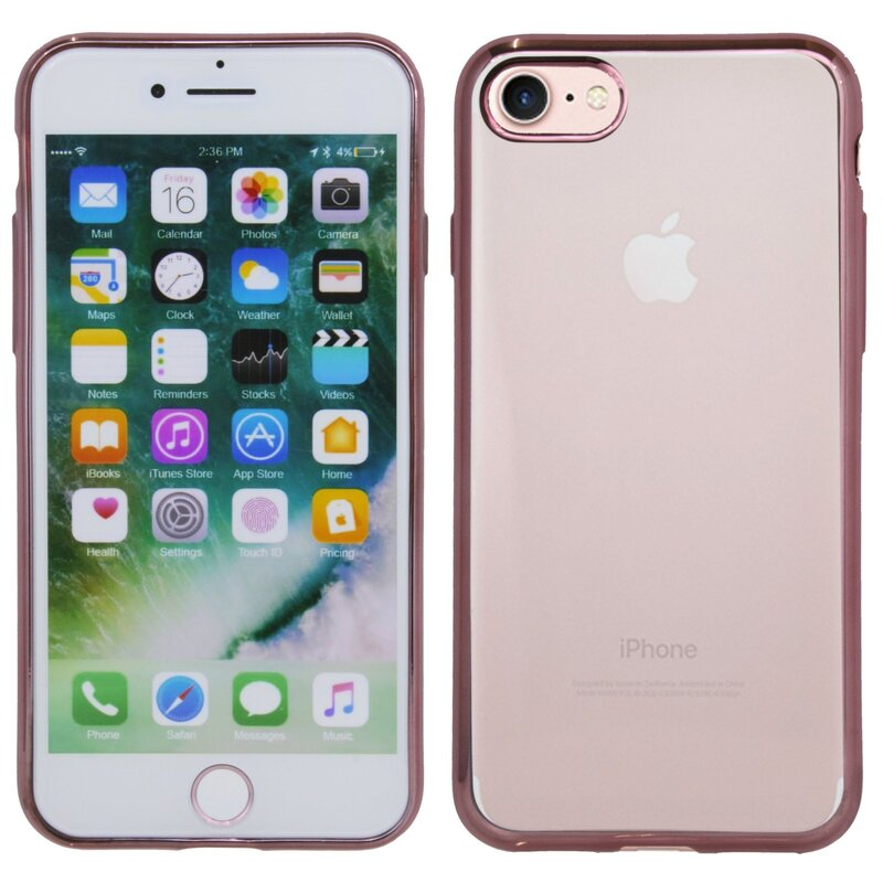 iPhone in rosa Hülle. Vorderseite mit Symbolen, Rückseite Apple-Logo.