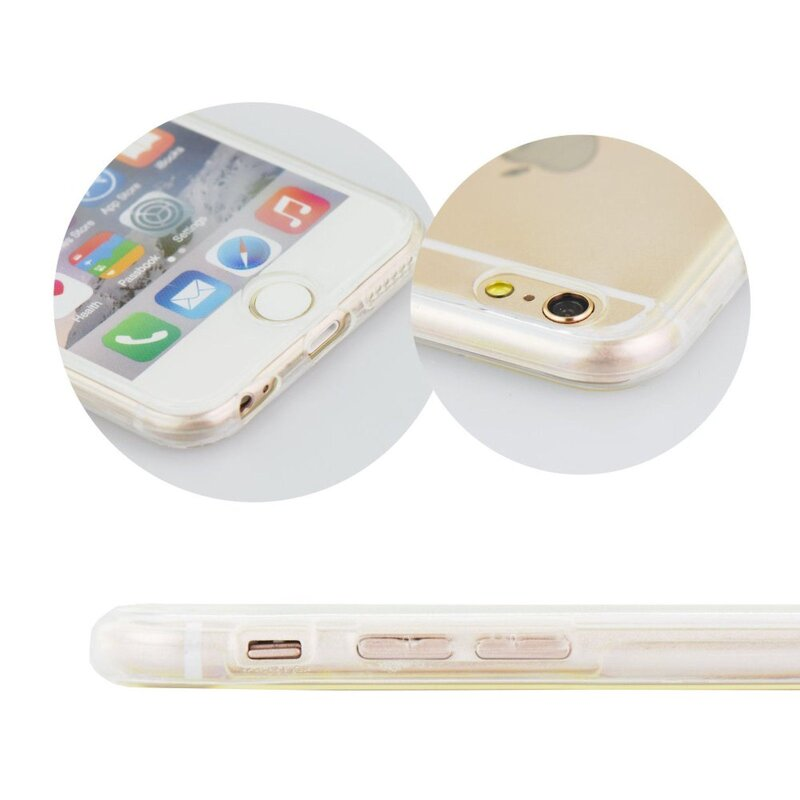 Telefon mit weißem Bildschirm. Transparente Hülle mit goldfarbenem Rand. Nahaufnahmen.