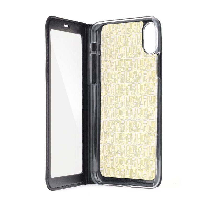Geöffnete Handyhülle mit transparentem Cover und gelbem Design. Weißer Hintergrund.