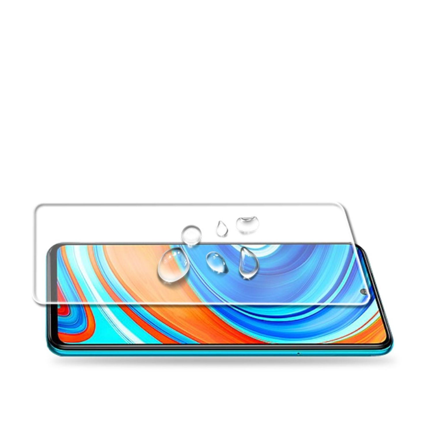 Smartphone mit Displayschutzfolie und Wassertropfen darauf. Der Schutz ist klar und auf dem Bildschirm.
