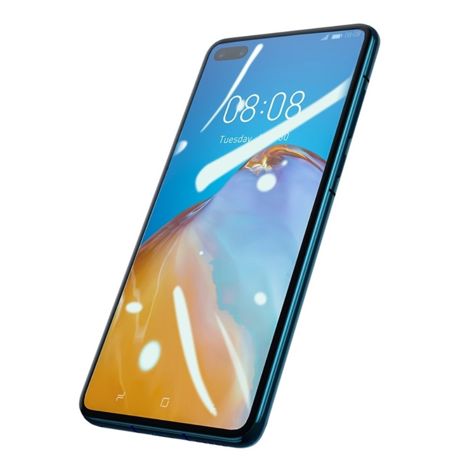 Ein blaues Smartphone mit gebogenem Bildschirm, das Uhrzeit und Datum anzeigt.
