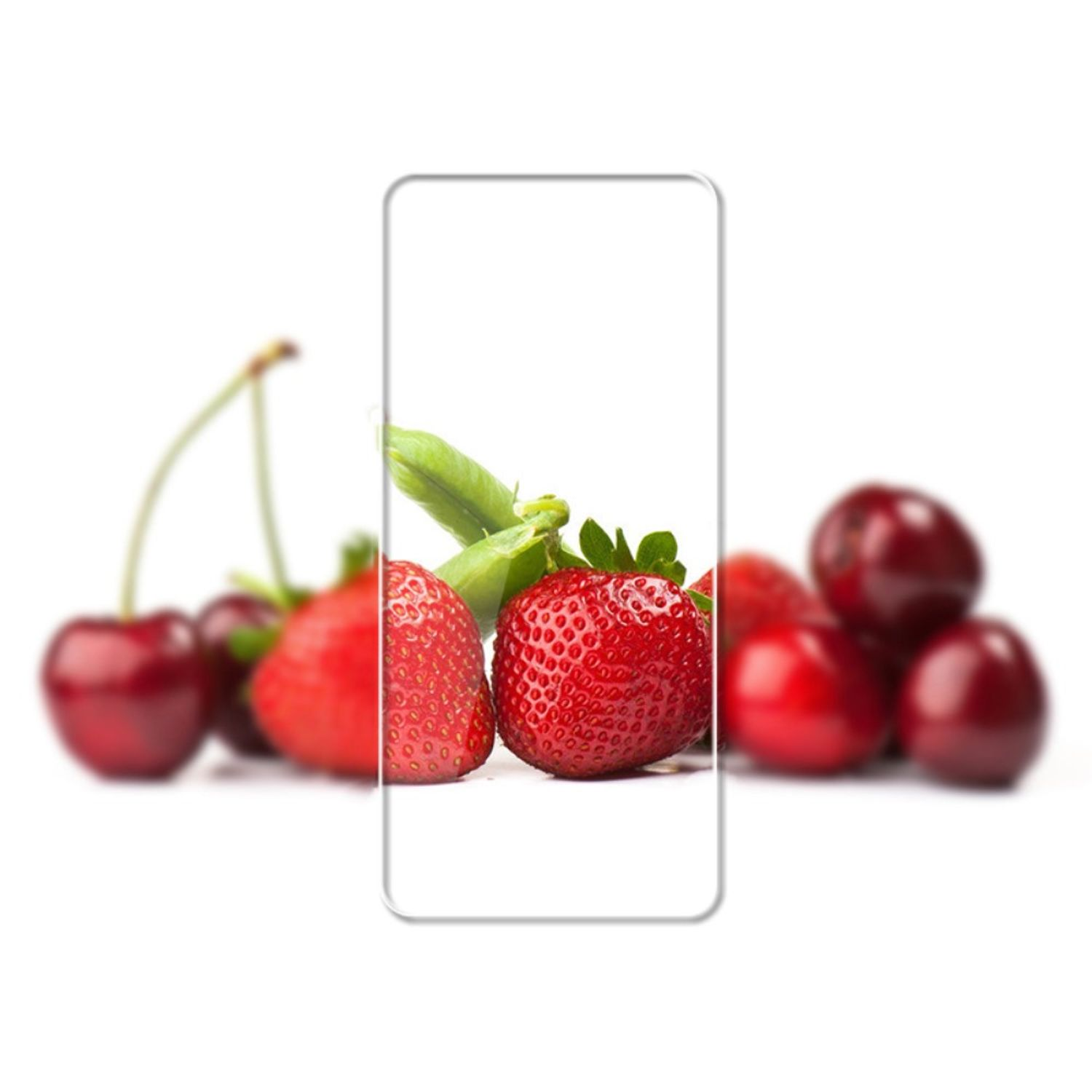 Telefon mit Erdbeeren und Kirschen auf dem Bildschirm, umrahmt von einem klaren Rand. Verschwommener Hintergrund.