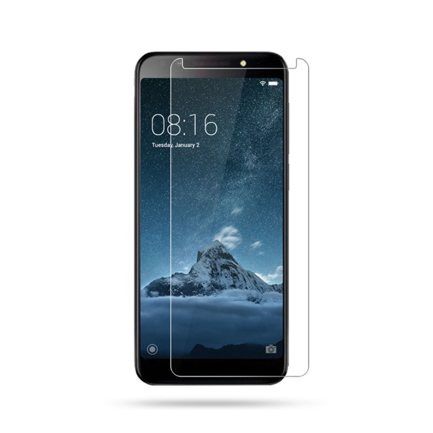 Smartphone mit Displayschutzfolie, schwarzem Rahmen, weißer Hintergrund.