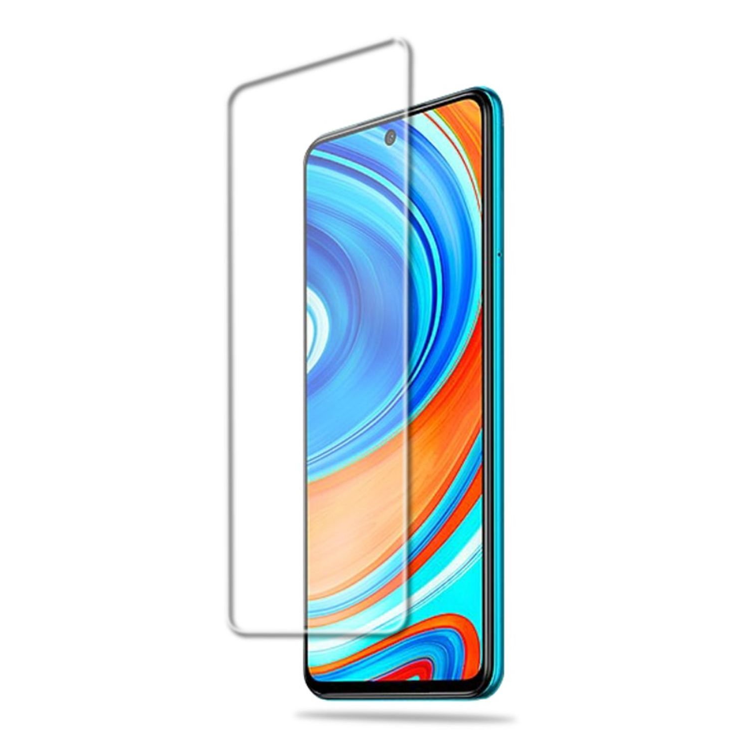 Telefonbildschirm mit angebrachtem Displayschutz, zeigt Blau und Orange.
