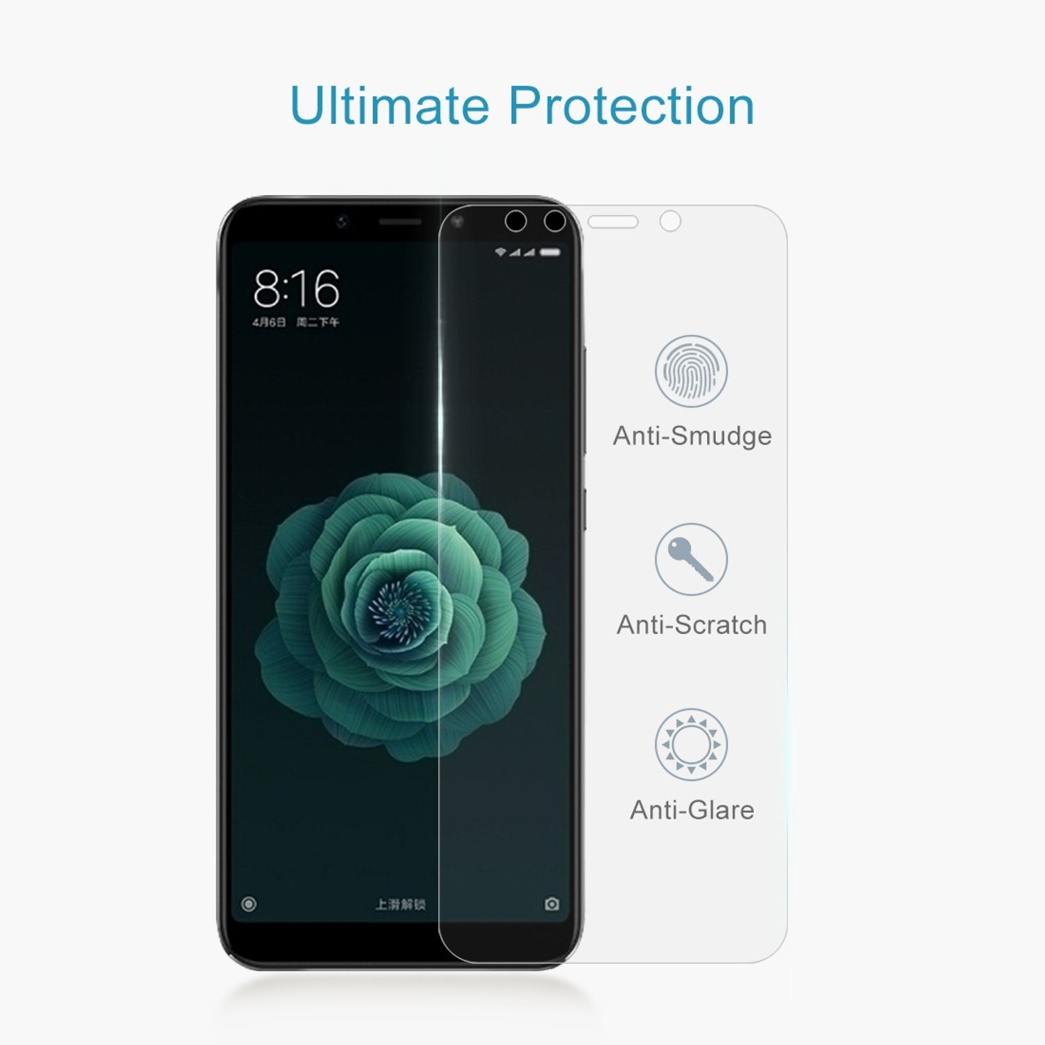 Schwarzes Smartphone mit Displayschutzfolie. Text oben: „Ultimativer Schutz“.