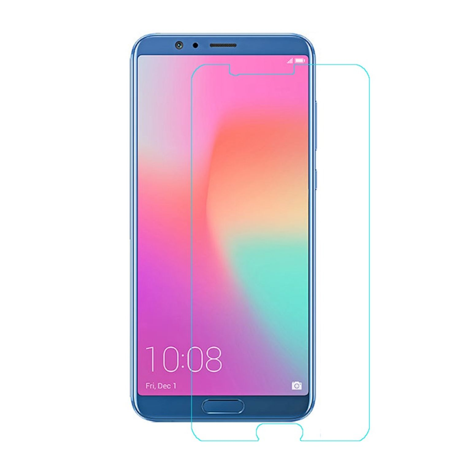 Ein blaues Telefon mit einem Displayschutz, der die Uhrzeit 10:08 anzeigt.