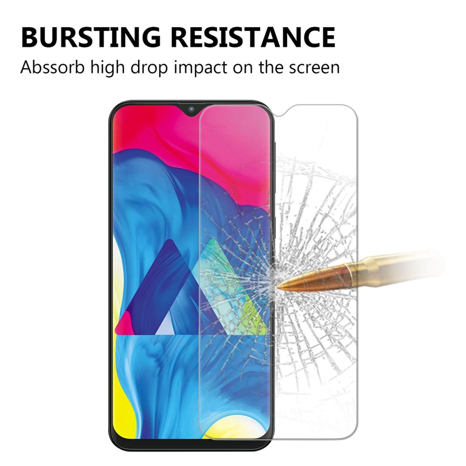 Displayschutzfolie mit Einschuss. Text: 'Bursting Resistance'.